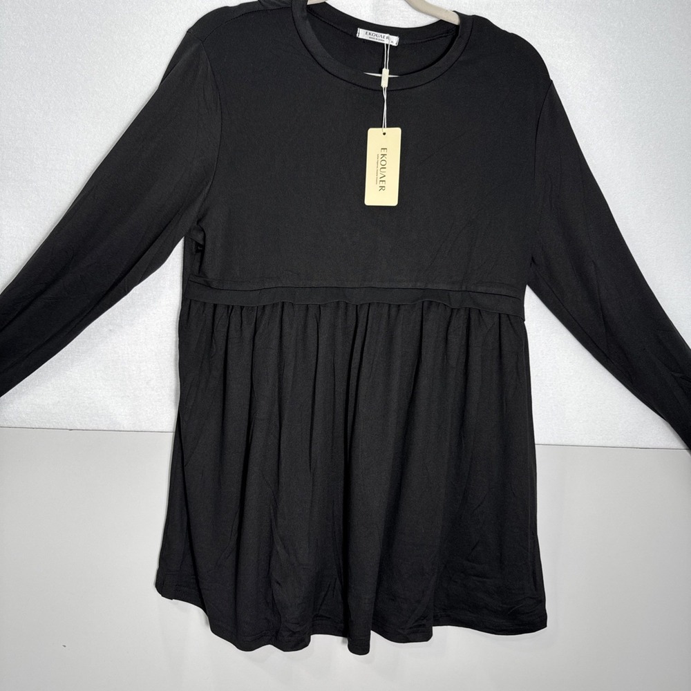 Ekouaer Women Long Sleeve Blouse Crew Neck Top Black Size XL New With Tags NWT